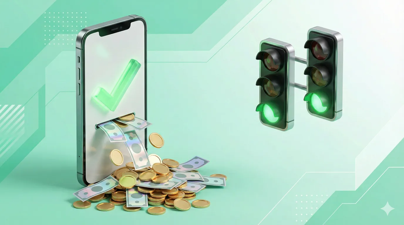 "2026년 아동수당을 모바일 앱으로 간편하게 신청하고 소급분까지 입금받는 과정을 스마트폰과 녹색 신호등으로 표현한 3D 이미지."