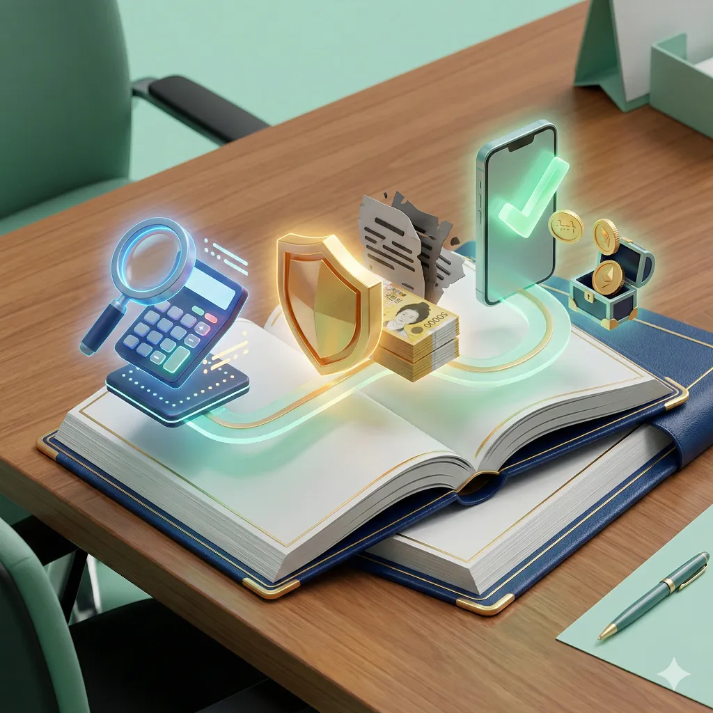 "2026 본인부담상한제 환급 과정을 3단계 로드맵으로 보여주는 3D 이미지. 소득분위 조회(돋보기와 계산기), 실손보험 환수 방어(방패와 돈), 모바일 신청 완료(스마트폰과 체크 표시)가 하나의 가이드북에서 연결되어 있다."