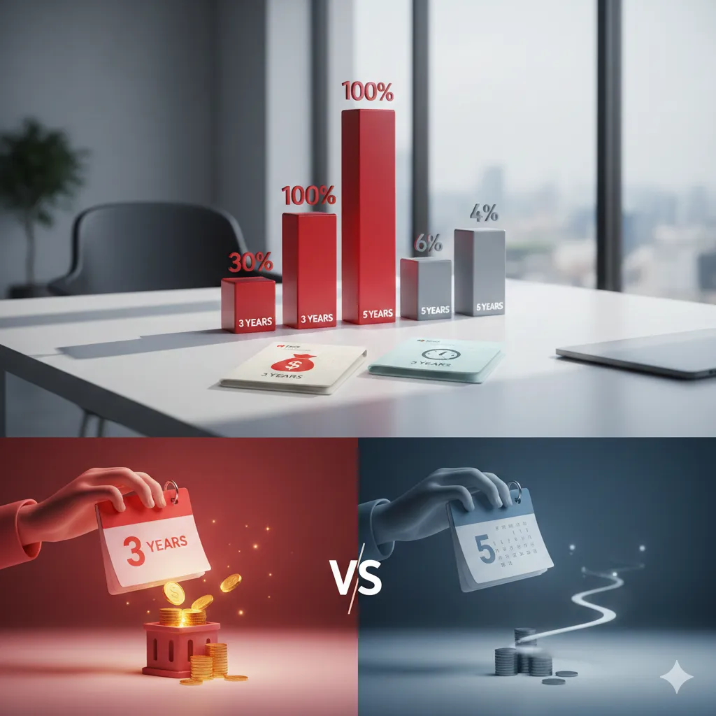 희망저축계좌의 수익률 100%(3년)와 청년도약계좌의 6%(5년) 차이를 비교한 막대그래프와 통장 시각 자료