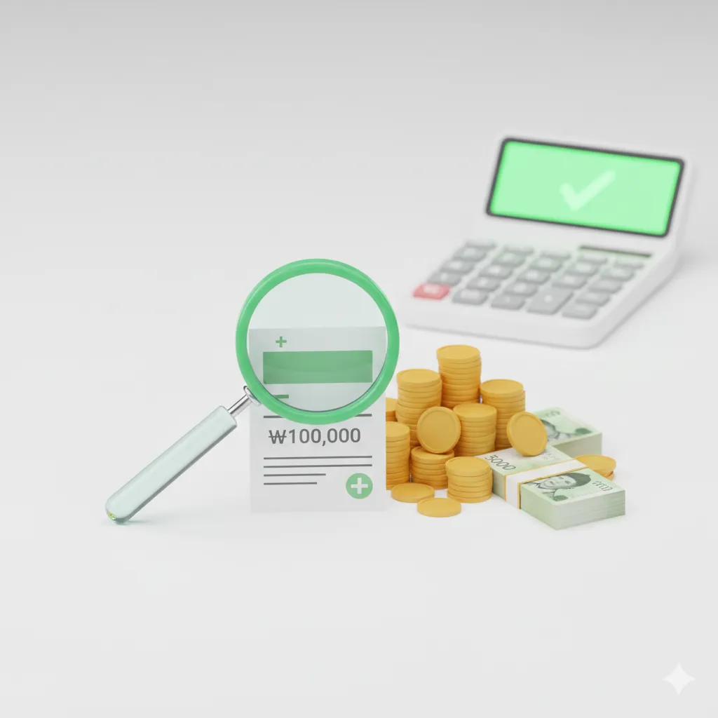 "건강보험료 납부액에 따른 2026년 본인부담상한액 환급금을 계산하는 모습을 상징하는 3D 돋보기와 돈다발 이미지"