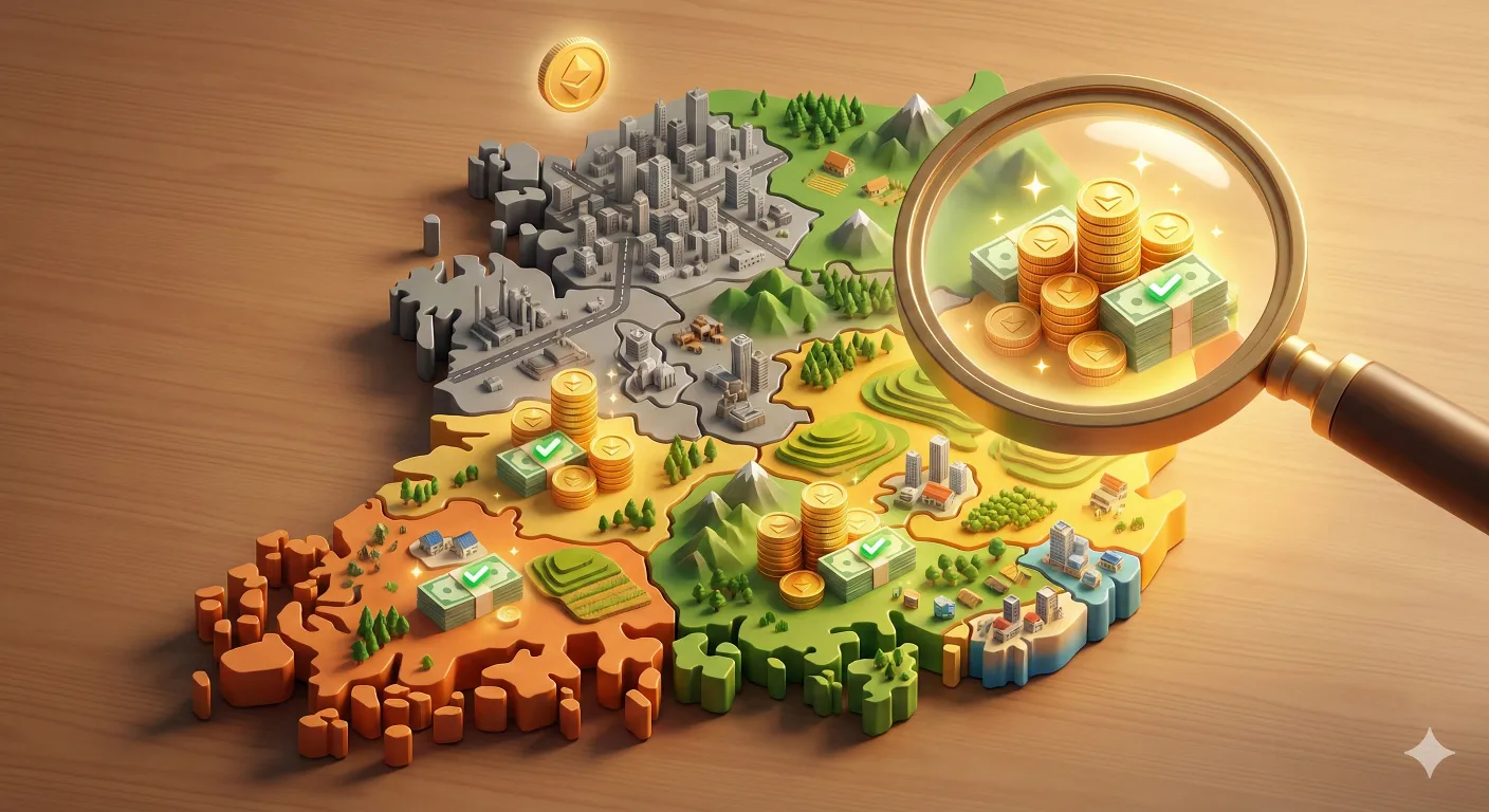 "2026년 비수도권 아동수당 추가 지급 혜택을 비교한 3D 대한민국 지도. 수도권보다 부산, 대구 등 지방의 지원금이 더 많음을 동전 더미로 시각화하고 돋보기로 강조한 이미지."