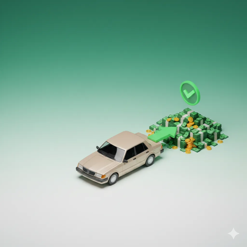 타던 차 매각 후 전기차 전환 지원금 130만 원 수령을 상징하는 낡은 자동차와 현금 다발 3D 일러스트