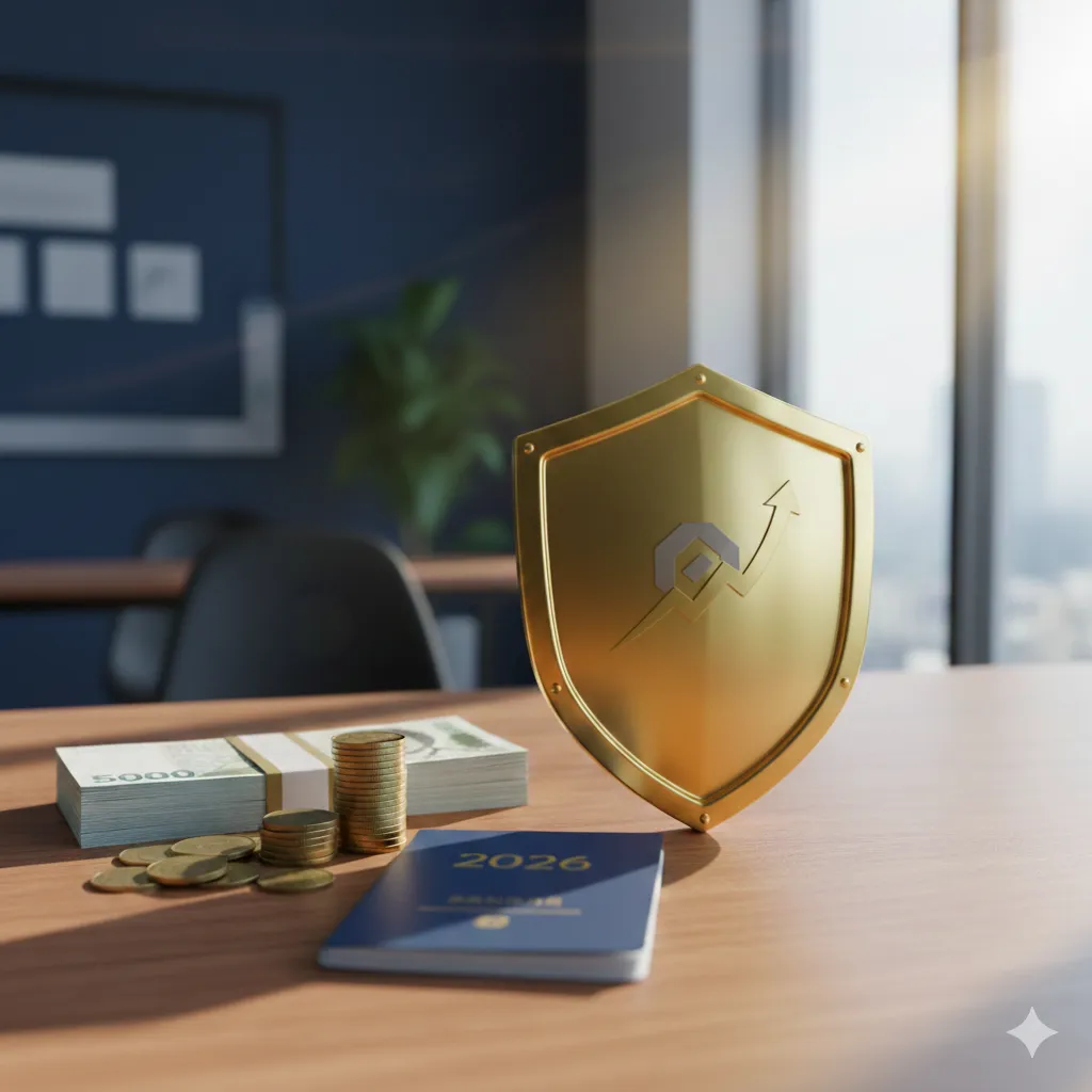 2026년 희망저축계좌 2형 총정리를 상징하는 이미지로, 책상 위에 놓인 한국 지폐 뭉치와 2026 적힌 통장, 그리고 자산 보호를 의미하는 황금 방패와 우상향 성장 그래프가 어우러진 3D 렌더링